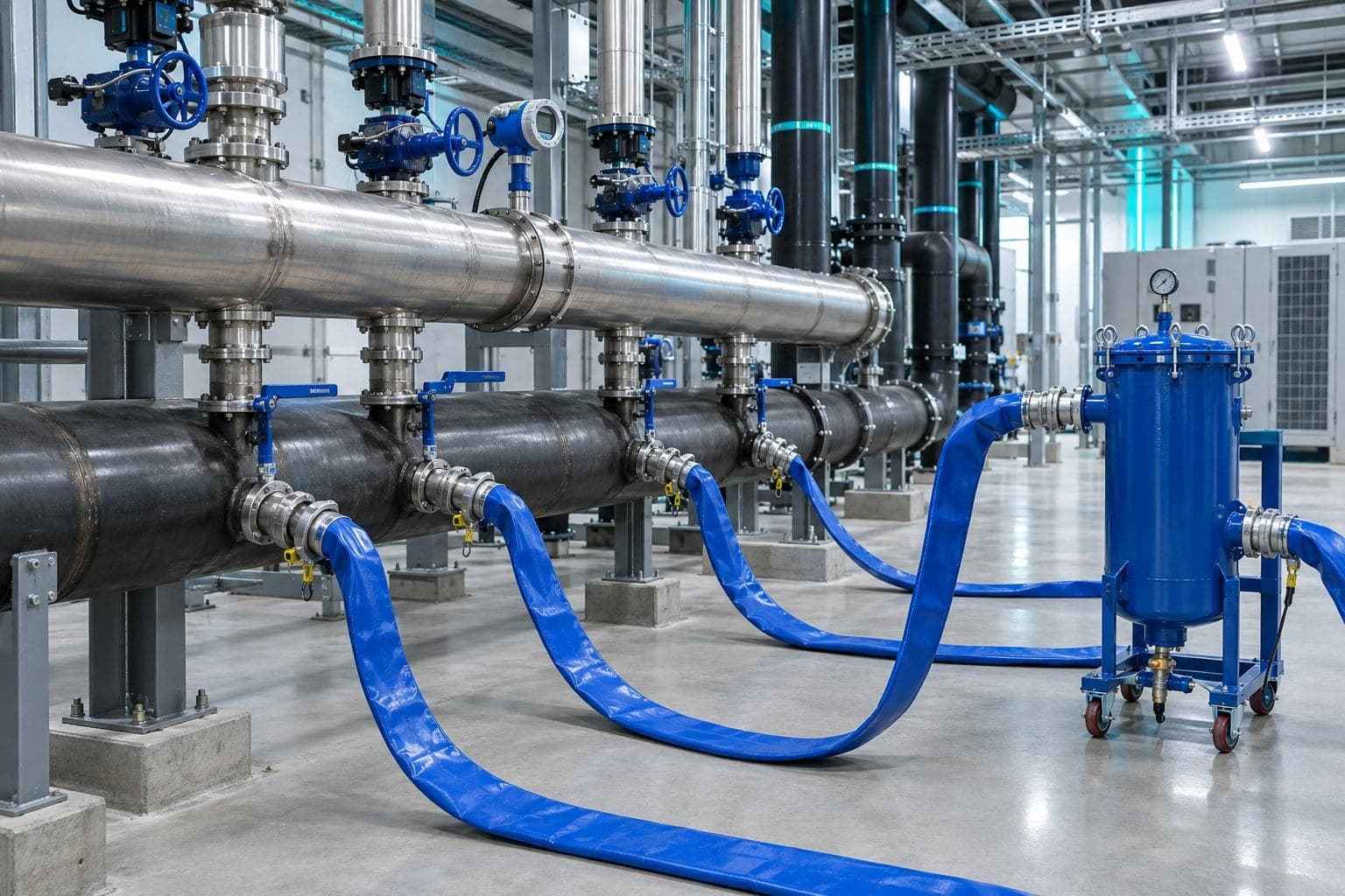Chilled water headers with valved connection points and temporary flush hoses running to a filtration vessel
